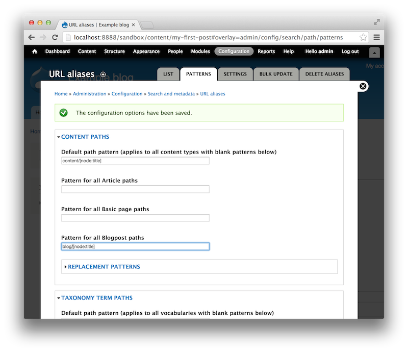 Screen Shot: Pathauto configuration
