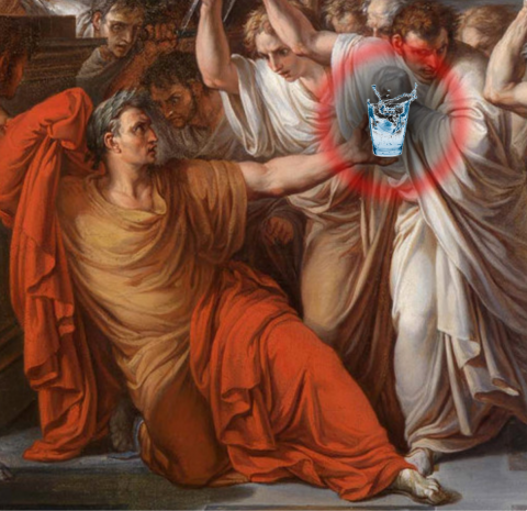 Picture of Julius Caesar holding a glass of water, based on Vincenzo Camuccini work